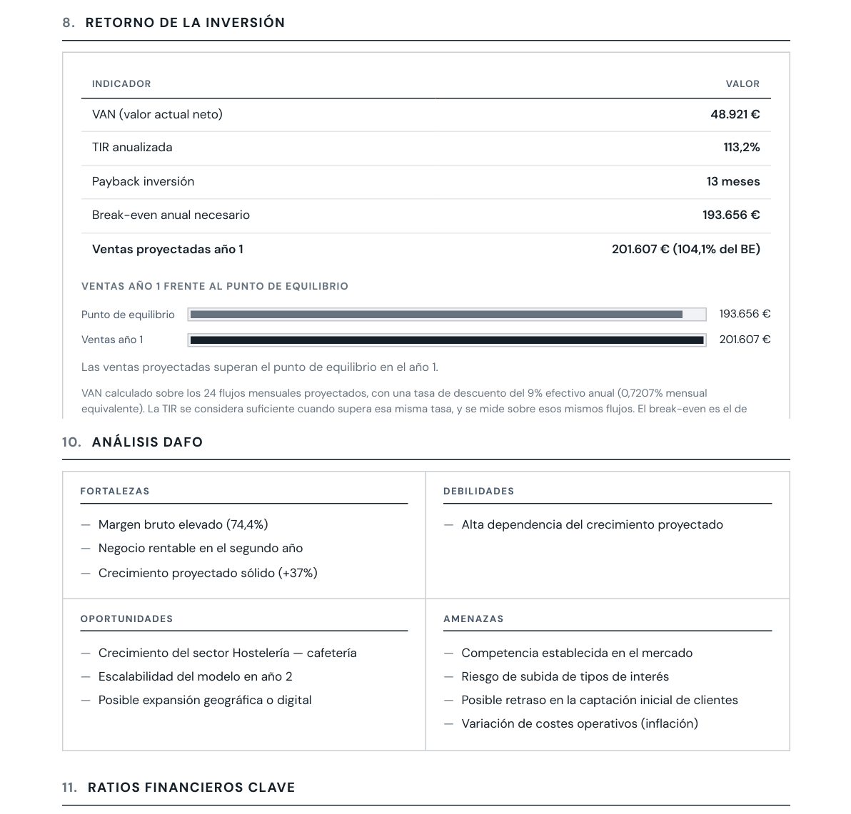 Página del informe en PDF (retorno de la inversión y DAFO), ejemplo de cafetería